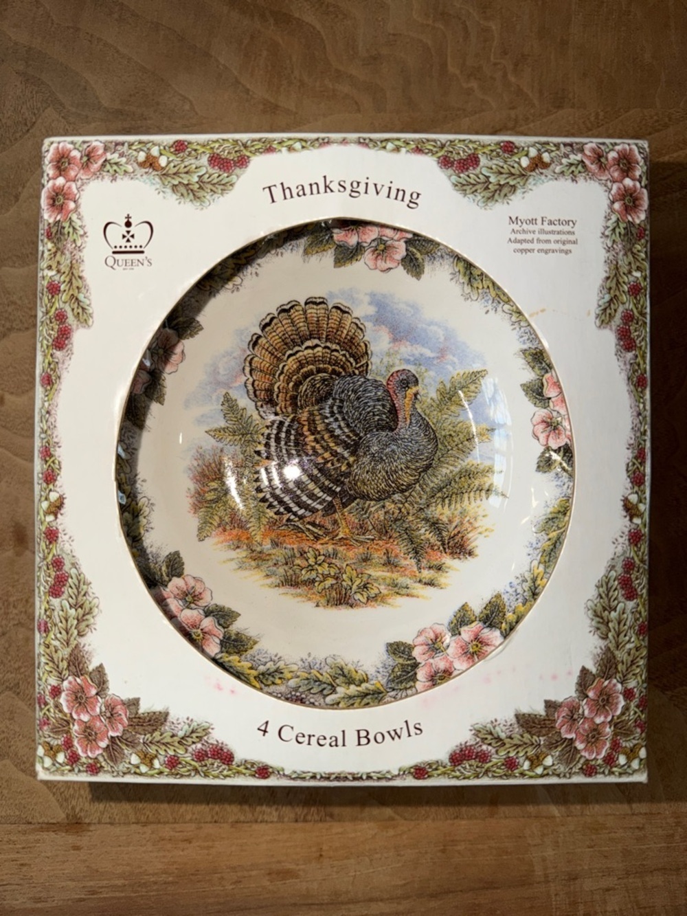 New in Box Set of 4 Queens Myott Factory Thanksgiving Turkey Cereal Bowls